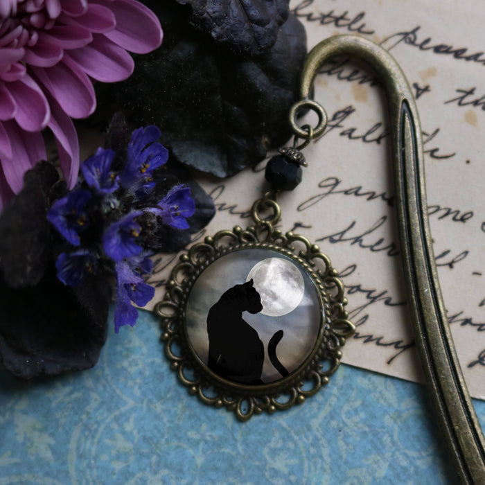 Black Cat on Full Moon Goth Halloween Bronze Bookmark