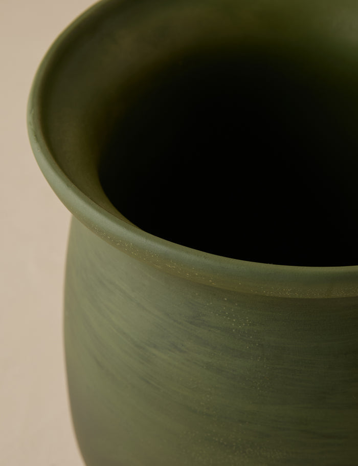 #color::olive | Close up of the top of the Campden matte green ceramic vase by Heidi Caillier.