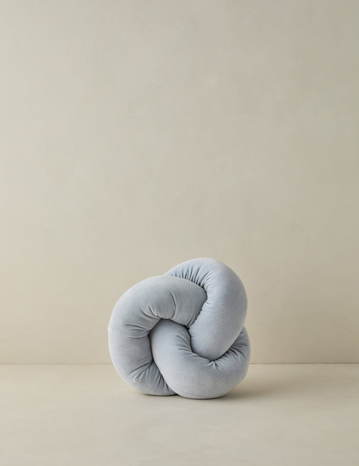 #color::ice-blue | Dewey velvet knot ball pillow.
