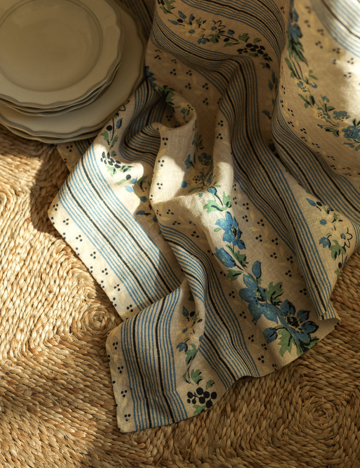 #color::azure #size::large #size::small | Corner of the Golden floral stripe linen tablecloth by Heidi Caillier