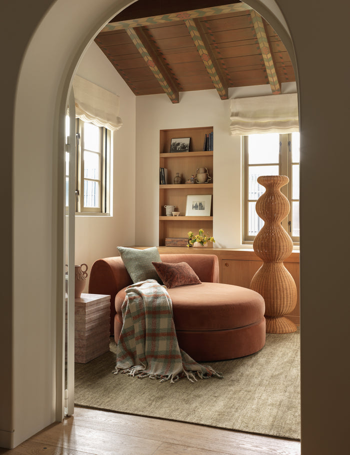 #color::sage-and-rust | The Haldar chunky tasseled edge plaid throw draped over a chaise.