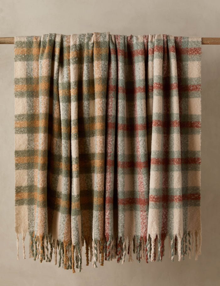 #color::sage-and-rust #color::iced-coffee-and-deep-sage | Both colorways of the Haldar chunky tasseled edge plaid throw.
