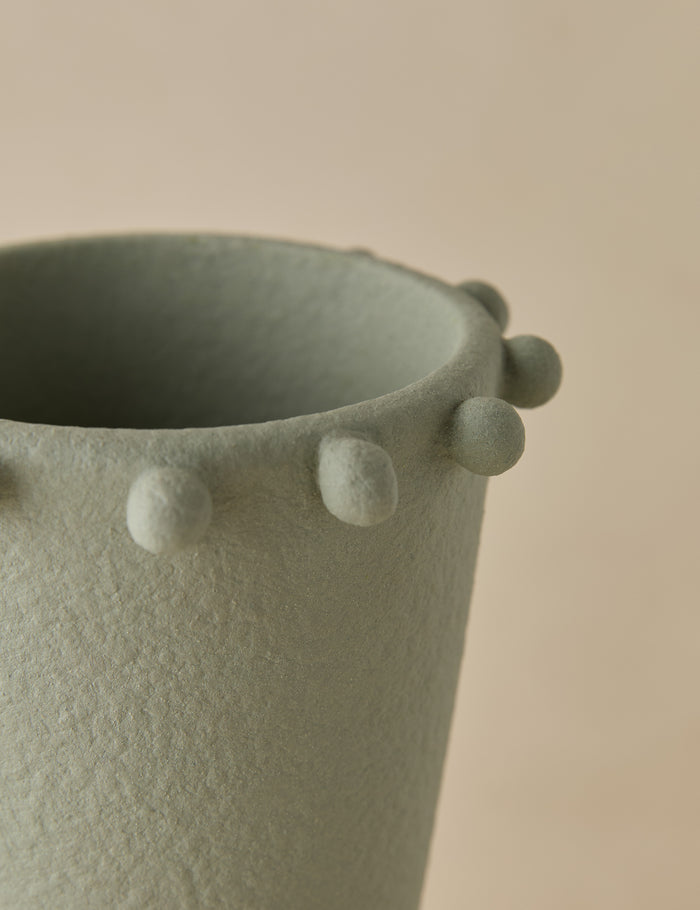 #color::sage | Close up view of the Idra tall round handle ceramic vase by Aimee Song