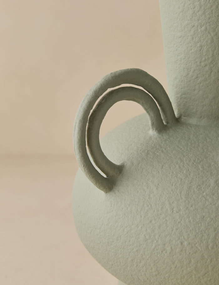 #color::sage | Close up view of the Idra tall round handle ceramic vase by Aimee Song