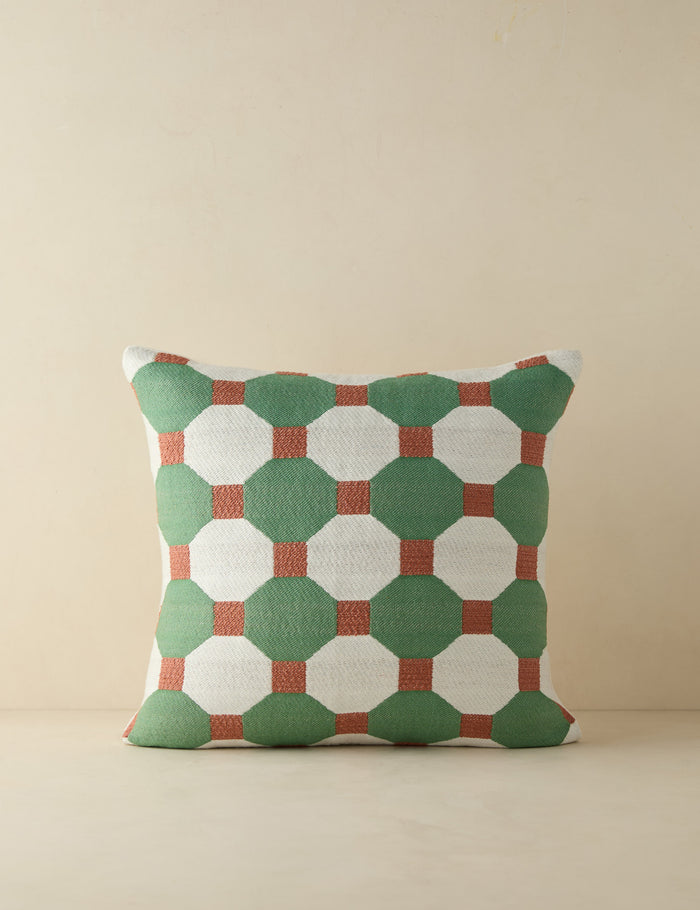 #color::green-and-sunburn #style::square | Jessa geometric mosaic pattern outdoor throw pillow