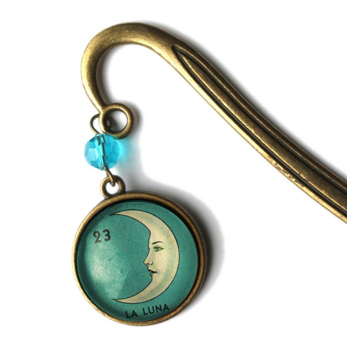 Loteria La Luna Crescent Moon Glass Cabochon Bronze Bookmark
