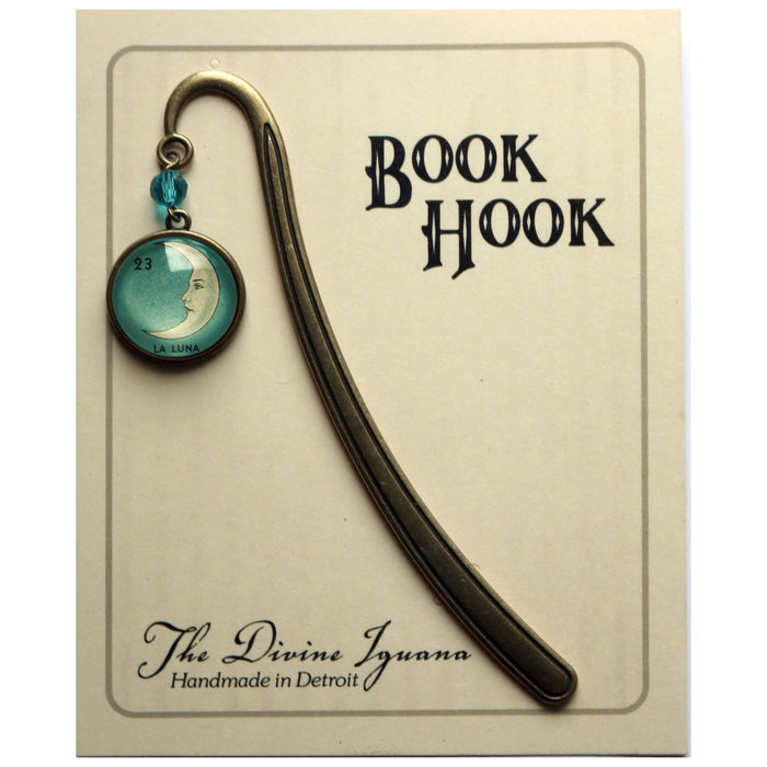 Loteria La Luna Crescent Moon Glass Cabochon Bronze Bookmark