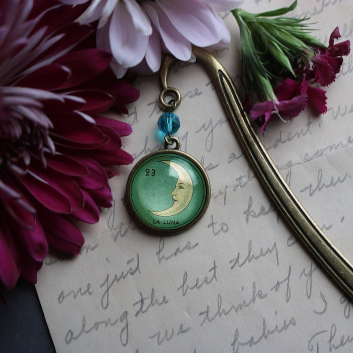 Loteria La Luna Crescent Moon Glass Cabochon Bronze Bookmark