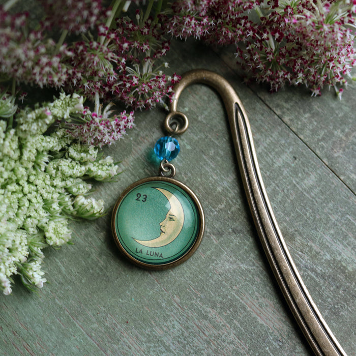 Loteria La Luna Crescent Moon Glass Cabochon Bronze Bookmark