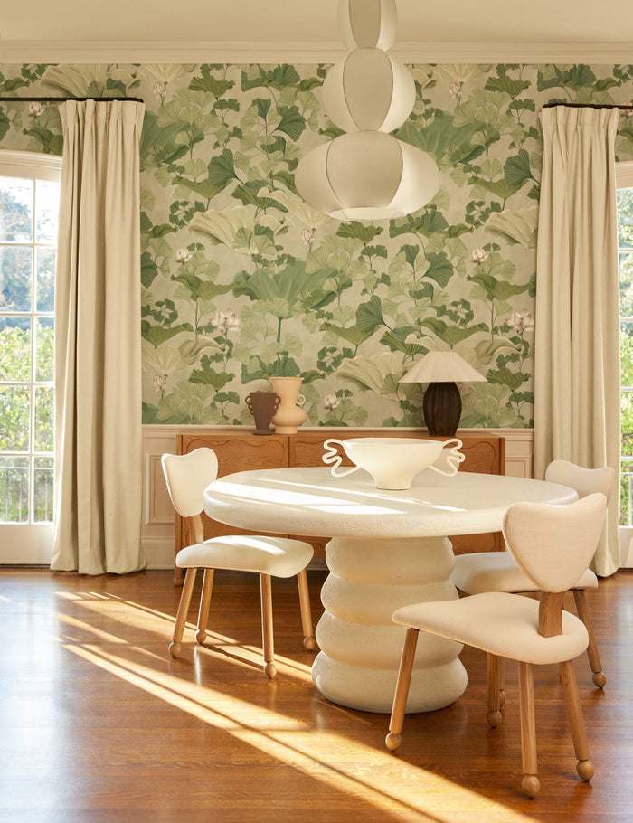 #color::green | Dining room featuring the Lotus lush botanical wallpaper by Aimee Song on the walls
