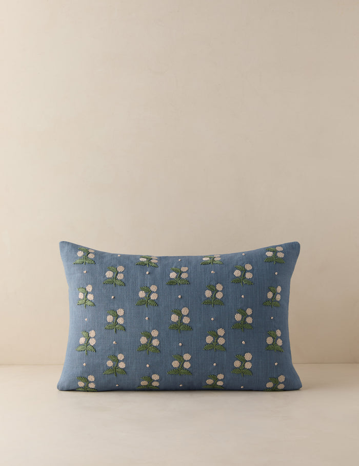 #color::denim #style::lumbar | Madelief embroidered floral lumbar pillow