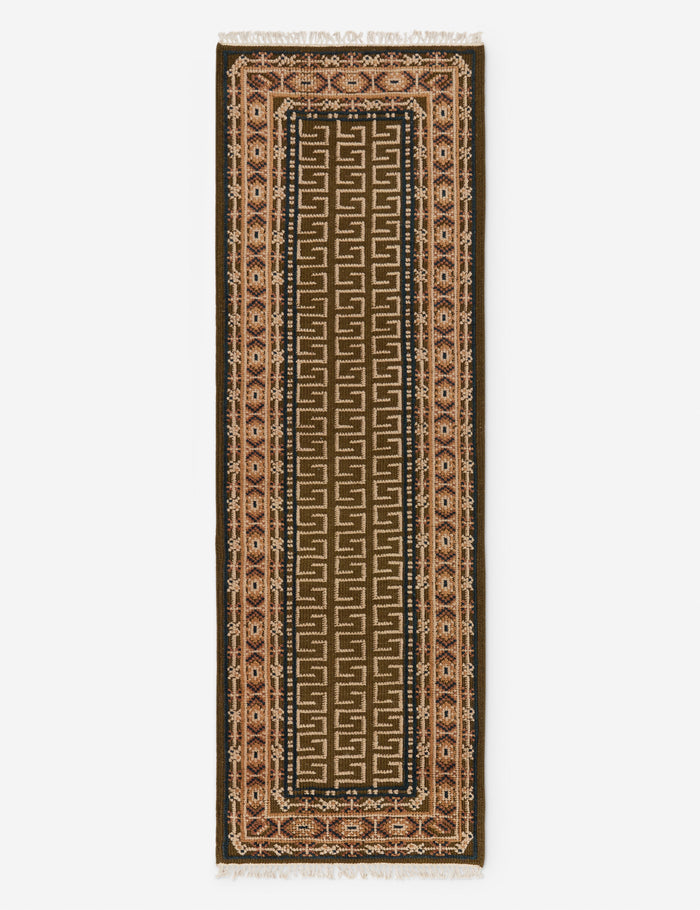 #color::ochre #size::2-6--x-8--runner | Manca traditional geometric motif hand-knotted wool runner rug.