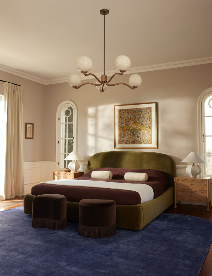 #color::natural-and-saffron | Merilee contrast piping striped bolster pillow by Aimee Song styled on a bed in a bedroom