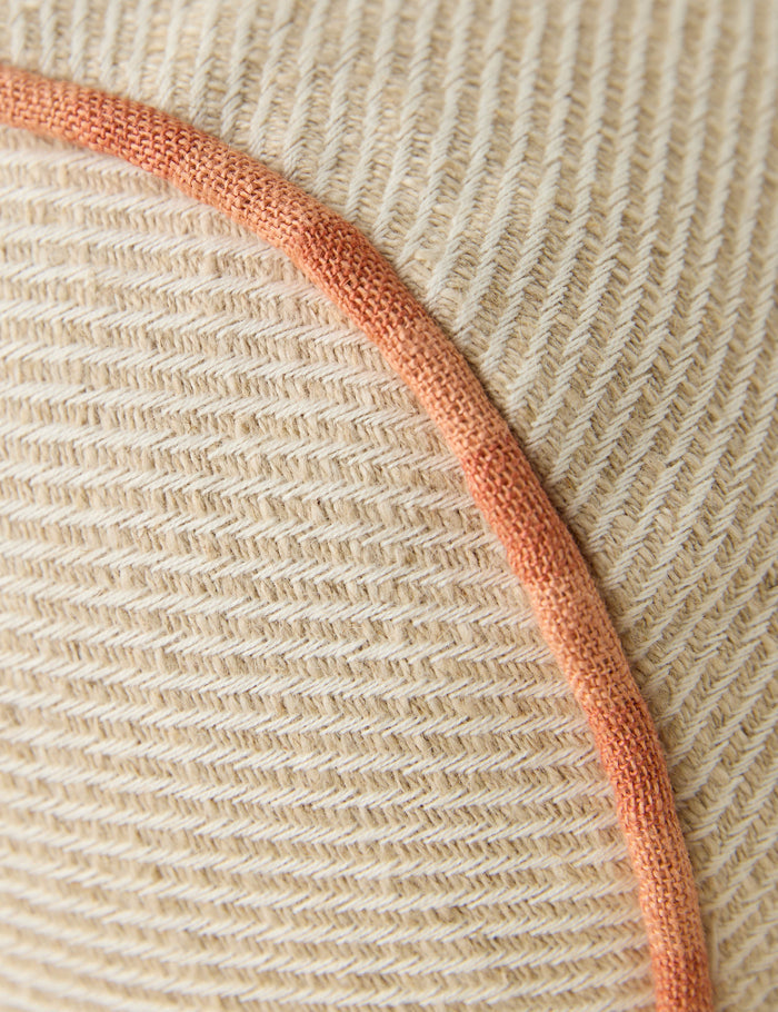 #color::natural-and-saffron | Close up view of the Merilee contrast piping striped bolster pillow by Aimee Song