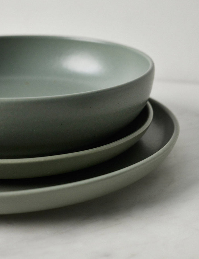 #color::artichoke #style::5-piece-set | Close-up of the Pacifica artichoke green Dinnerware 5-Piece Place Setting by Casafina