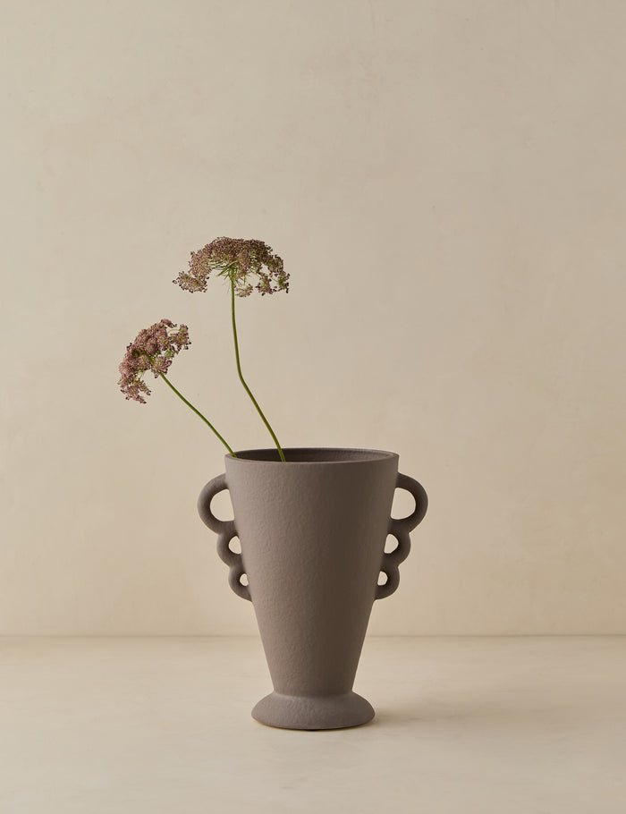 #color::cocoa #size::small | Panthea textural tapered loop handle ceramic vase by Aimee Song