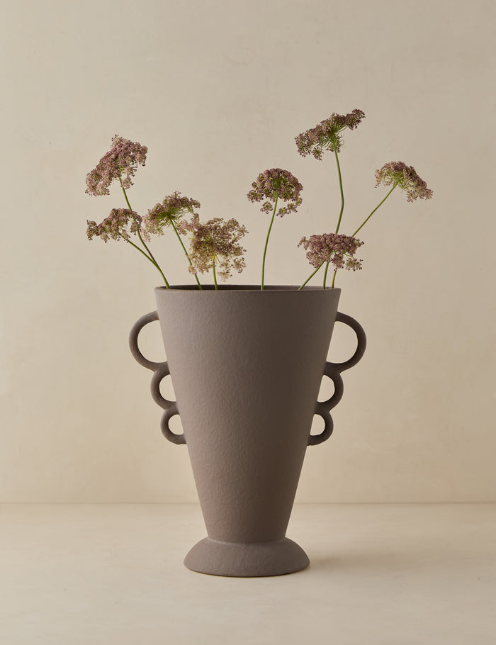#color::cocoa #size::large | Panthea textural tapered loop handle ceramic vase by Aimee Song