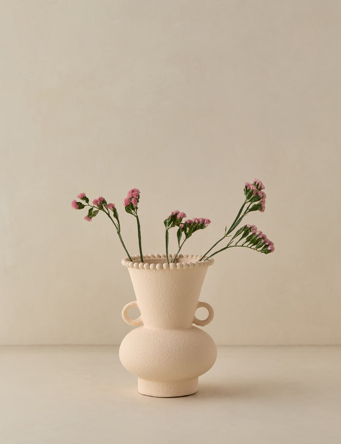 #color::buff #size::small | Philia wide beaded rim loop handle ceramic vase by Aimee Song