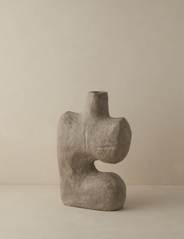 #color::natural | Angled view of the Sina gray washed handcrafted paper mache vase