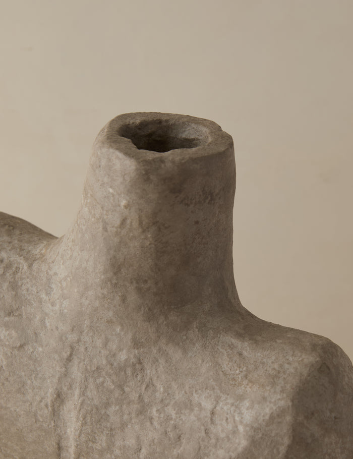 #color::natural | Close-up of the narrow mouth on the Sina gray washed handcrafted paper mache vase