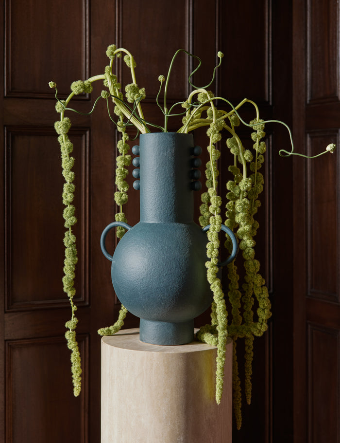 #color::navy | Tosca beaded detailed loop handle ceramic vase by Aimee Song