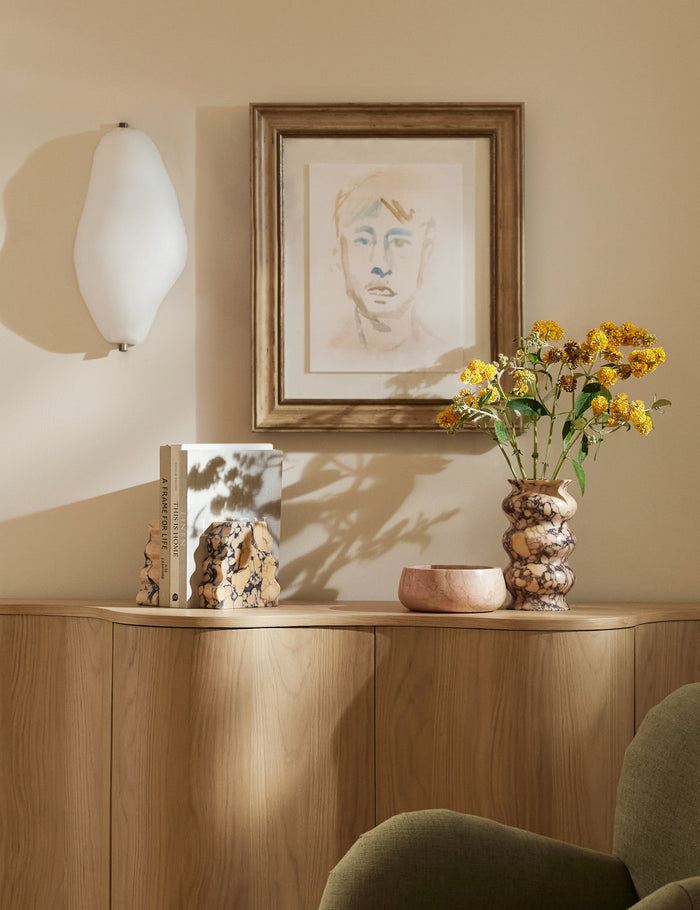 #color::purple-breccia | Zainab hand-carved marble vase styled on the Cora sideboard